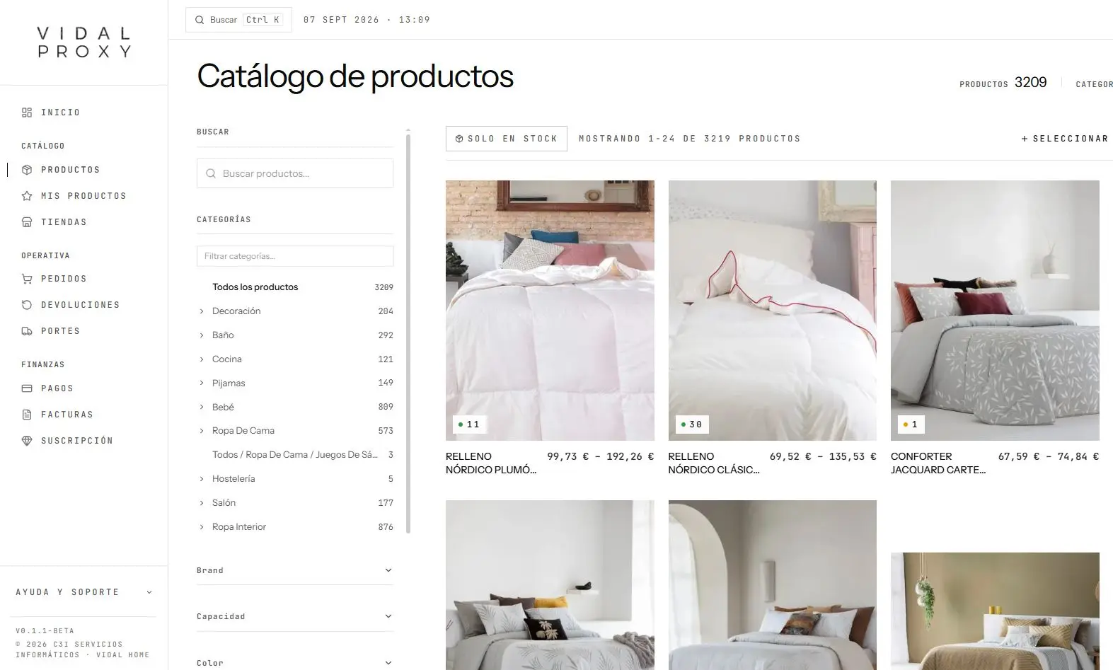 Catálogo de productos de textil hogar disponible en Vidal Proxy