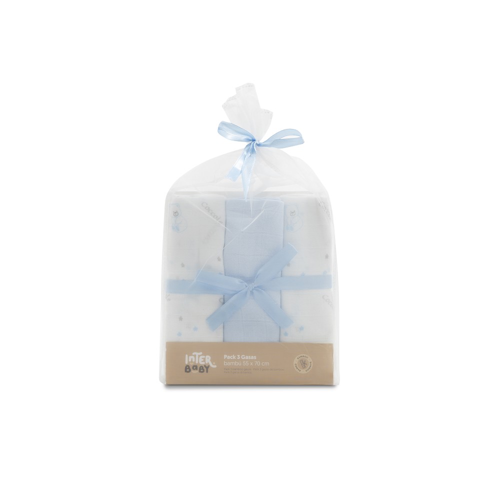 PACK 3 GASAS BAMBÚ 55X70 BEAR AZUL INTERBABY
