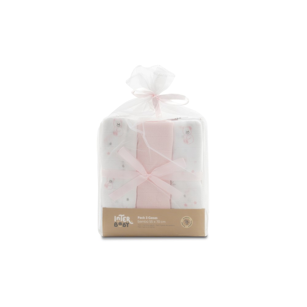 PACK 3 GASAS BAMBÚ 55X70 BEAR ROSA INTERBABY