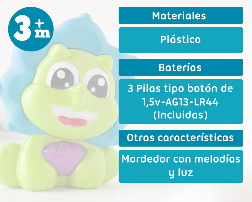 MORDEDOR MUSICAL DINOSAURIO VERDE Y AZUL 13X12CM 4110 KIOKIDS