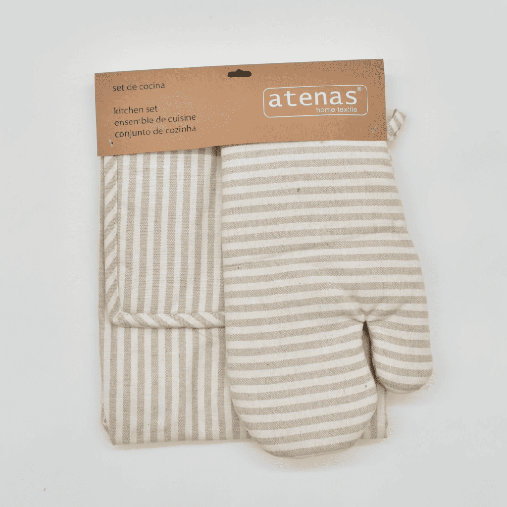 SET DELANTAL, MANOPLA Y AGARRADOR RAYAS BEIGE ATENAS