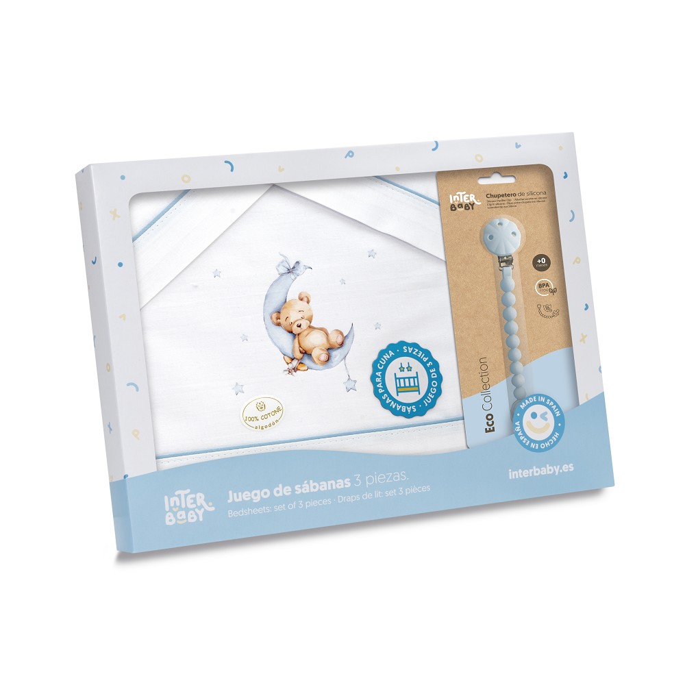 TRIPTICO CUNA ESTAMPADO OSO LUNA ESTRELLAS + CHUPETERO BLANCO-AZUL INTERBABY