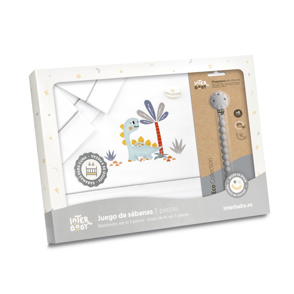TRIPTICO CUNA ESTAMPADO DINOSAURIO PALMERA + CHUPETERO BLANCO-GRIS INTERBABY