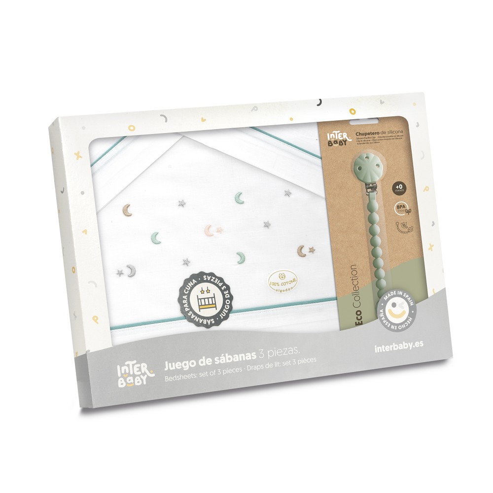 TRIPTICO CUNA ESTRELLA LUNA MULTICOLOR + CHUPETERO BLANCO-VERDE INTERBABY