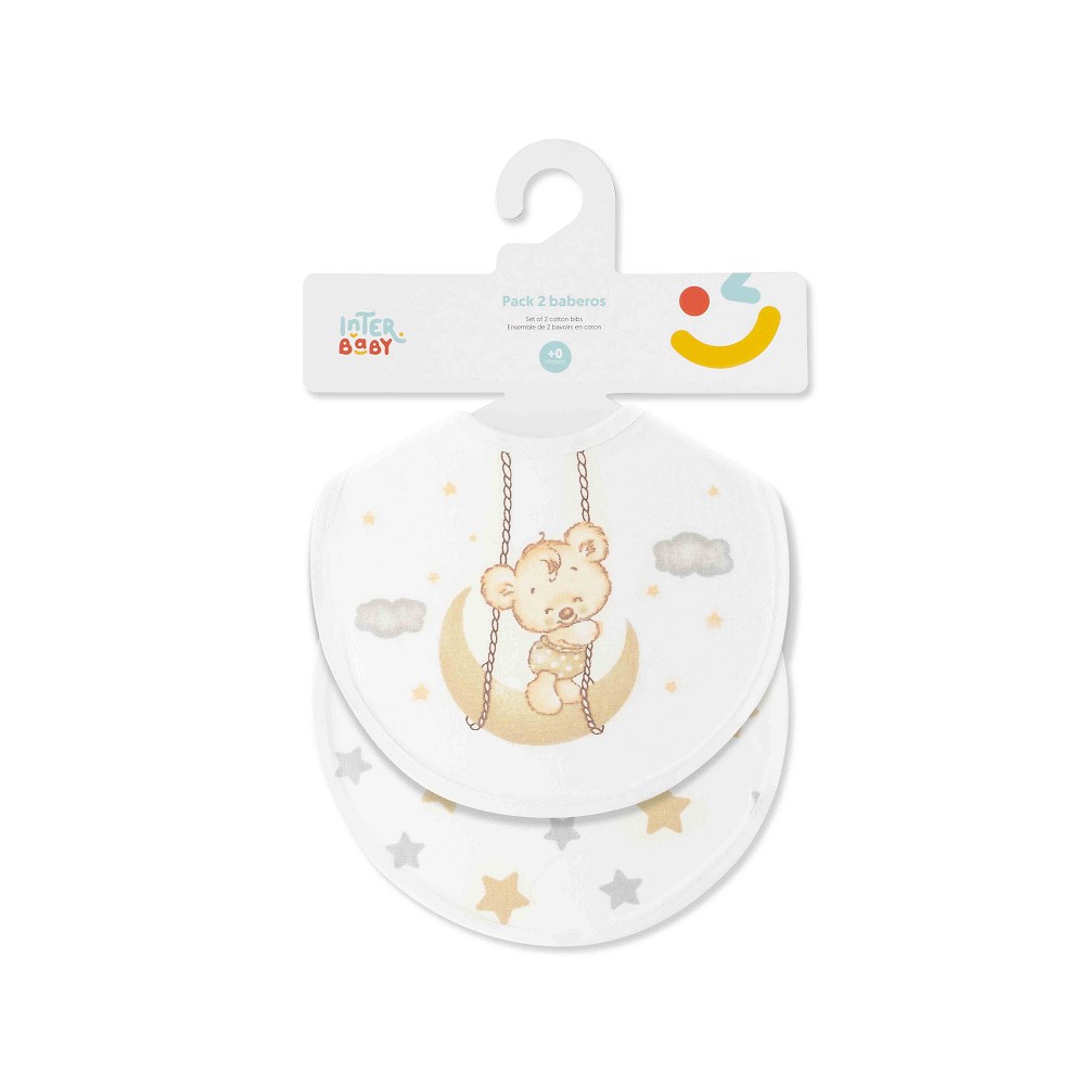 PACK 2 BABEROS OSITO LUNA ESTRELLAS 20X20 BEIGE INTERBABY