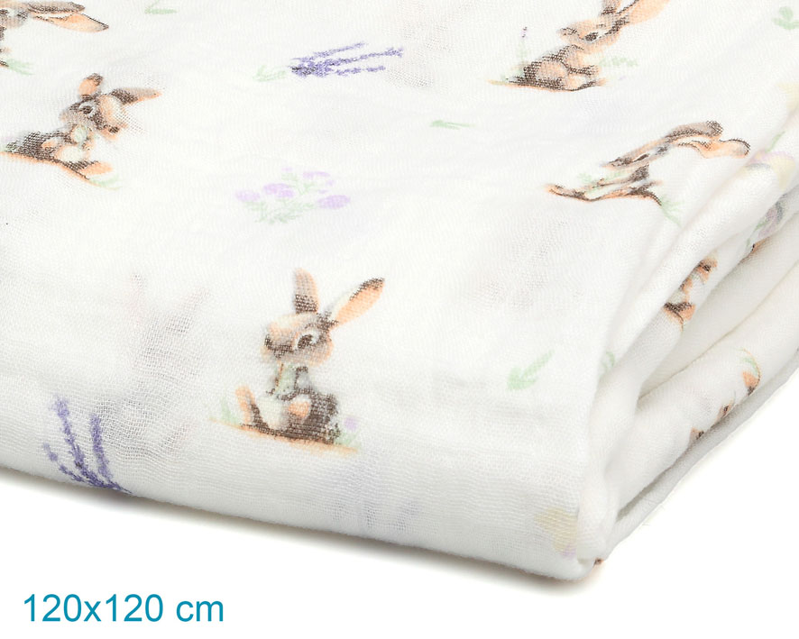 MUSELINA BAMBÚ 120X120CM CONEJITOS 5298 LAVANDA KIOKIDS