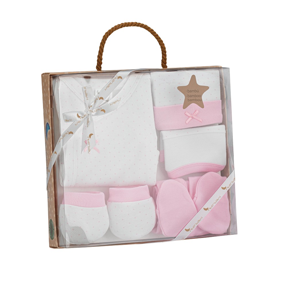 SET REGALO 5 PCS 100% ALG. T 0-6M TOPOS BAMBOO ROSA INTERBABY