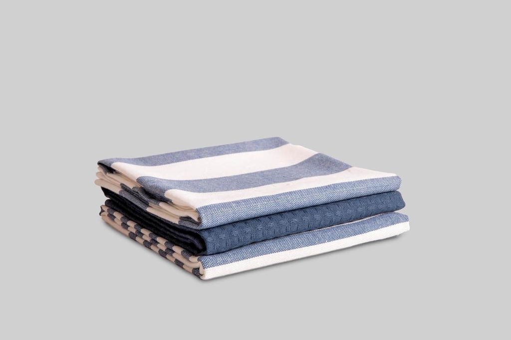 PACK 3 PAÑOS DE COCINA ALGODON LINES 50X70 AZUL DESKARAO