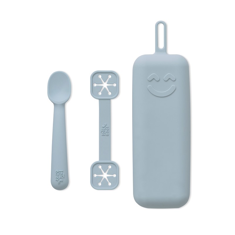 SET PORTACUBIERTOS+CUCHARA+SUJETA BABEROS SILICONA SI012-73 AZUL GRISACEO INTERBABY