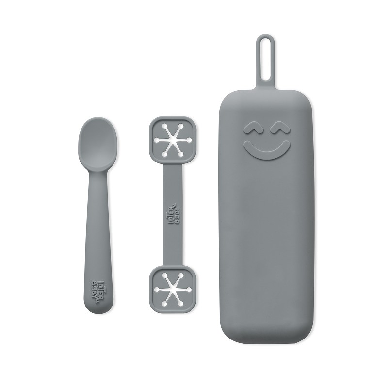 SET PORTACUBIERTOS+CUCHARA+SUJETA BABEROS SILICONA SI012-76 GRIS PETROLEO INTERBABY