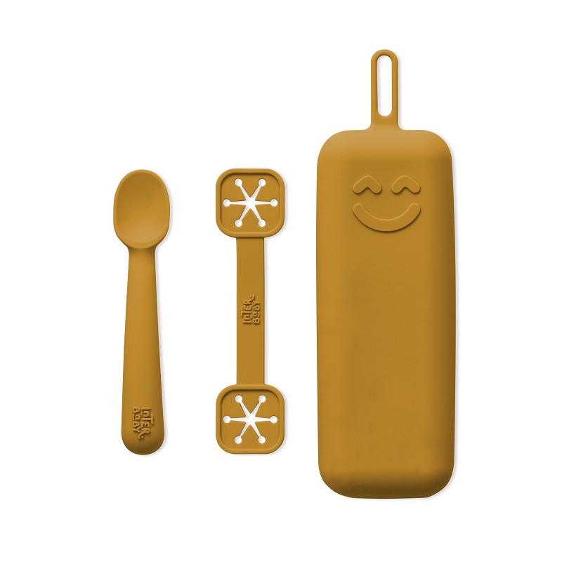 SET PORTACUBIERTOS+CUCHARA+SUJETA BABEROS SILICONA SI012-75 OCRE TIERRA INTERBABY