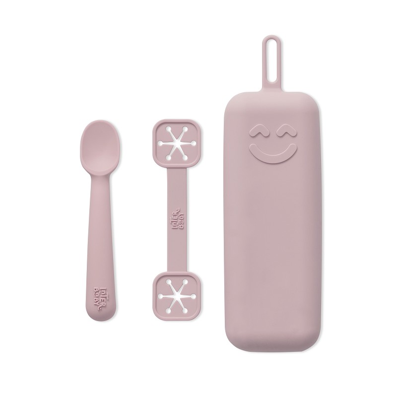 SET PORTACUBIERTOS+CUCHARA+SUJETA BABEROS SILICONA SI012-66 ROSA MAQUILLJE INTERBABY