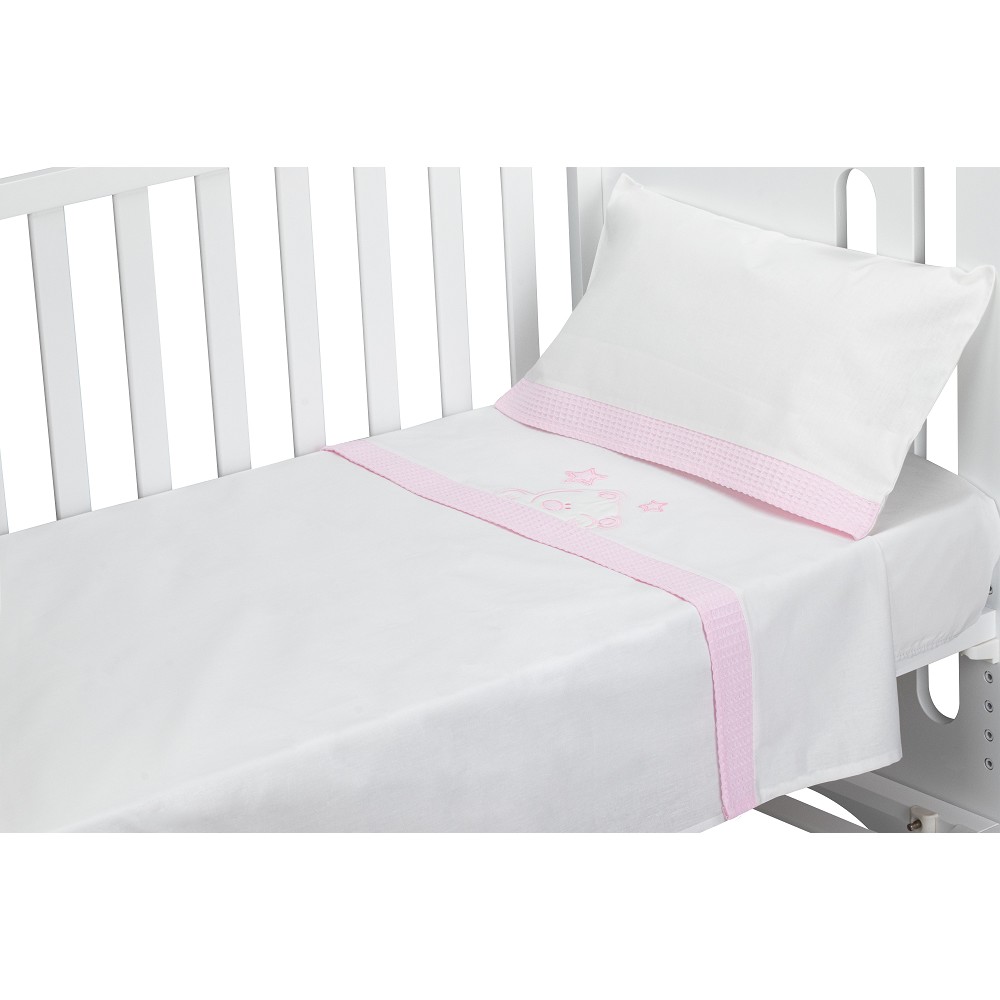TRIPTICO CUNA TELA 100% ALG. VIGGO+PEINE Y CEPILLO BLANCO-ROSA DON ALGODON