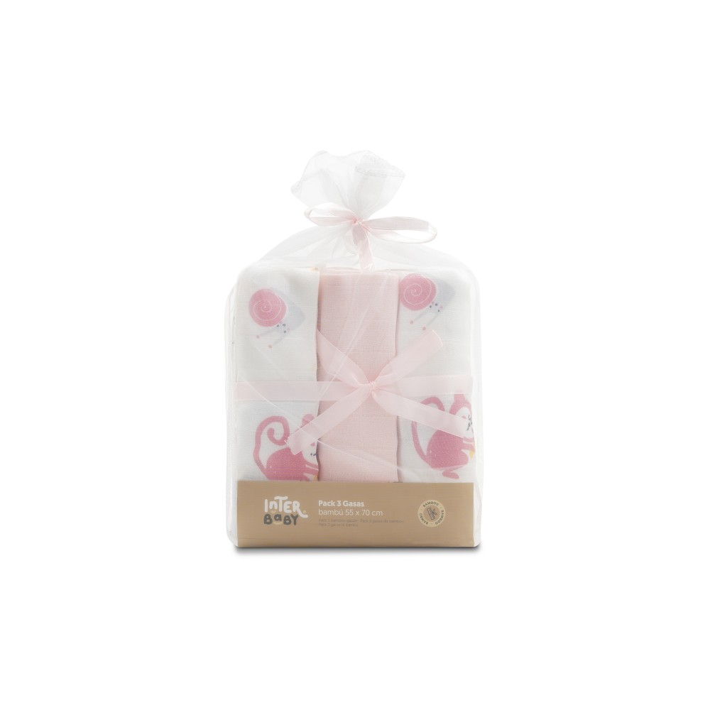 PACK 3 GASAS BAMBÚ 55X70 JUNGLA ROSA INTERBABY