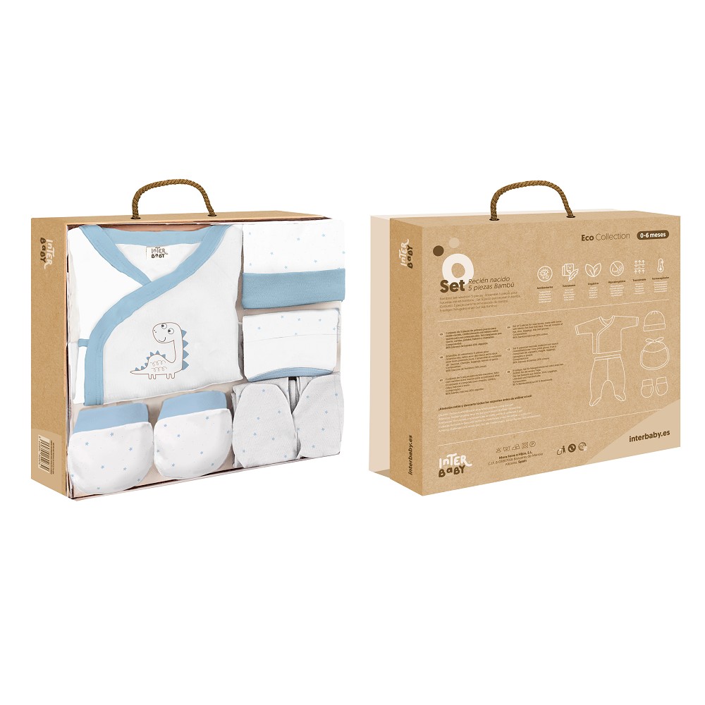 SET REGALO 5 PCS BAMBOO T 0-6M DINOSAURIO BLANCO-AZUL INTERBABY