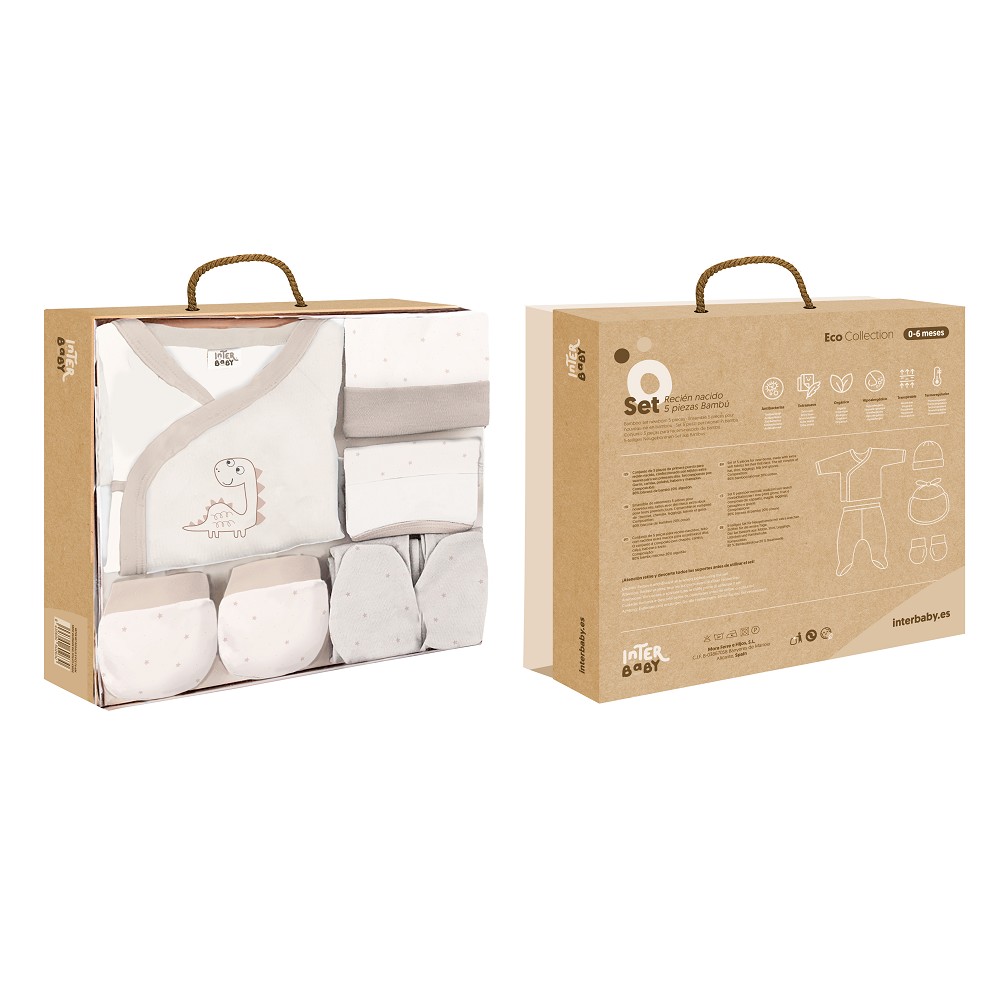 SET REGALO 5 PCS BAMBOO T 0-6M DINOSAURIO BLANCO-BEIGE INTERBABY