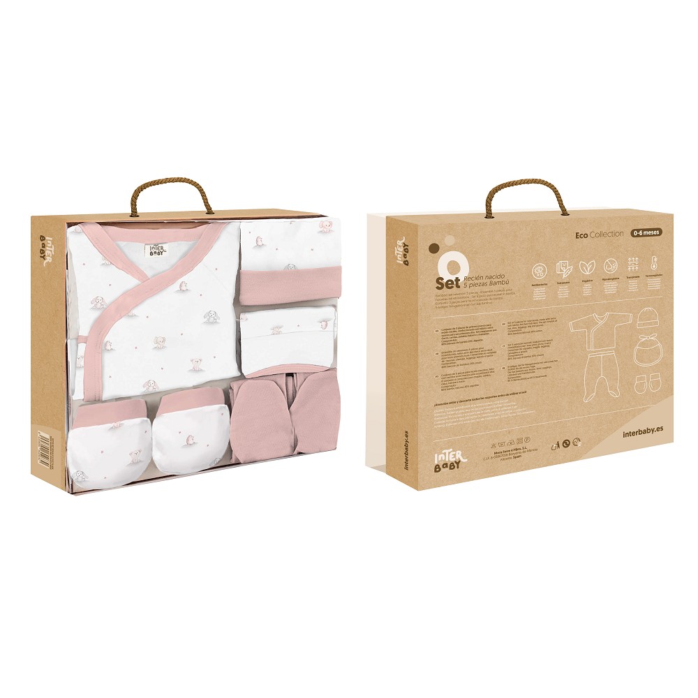 SET REGALO 5 PCS BAMBOO T 0-6M OSOS PELUCHE ROSA INTERBABY