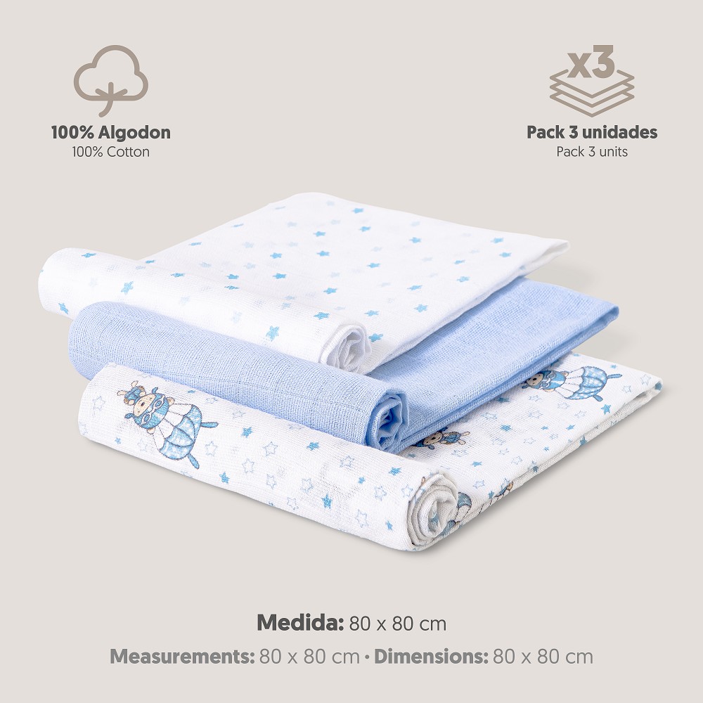 PACK 3 GASAS 80X80 PARACAIDISTA AZUL INTERBABY