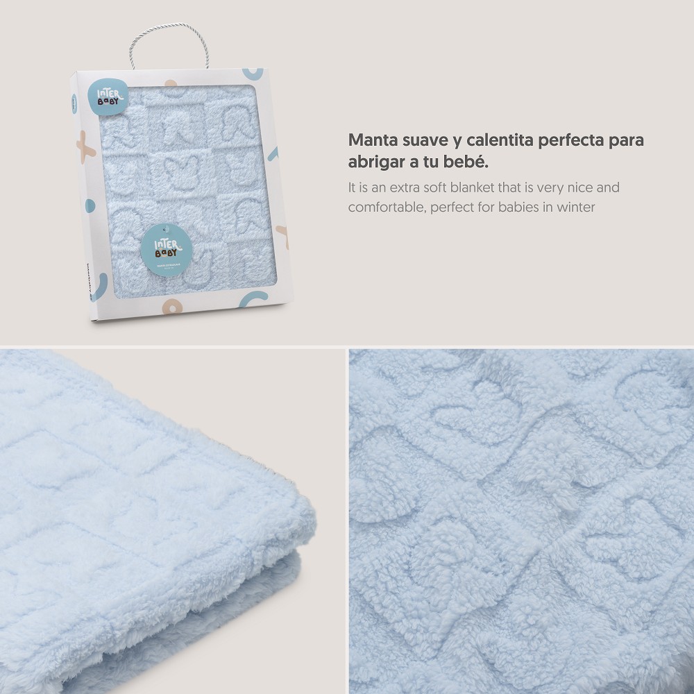 MANTA SHERPA GRABADA 80X110 CONEJITOS AZUL INTERBABY
