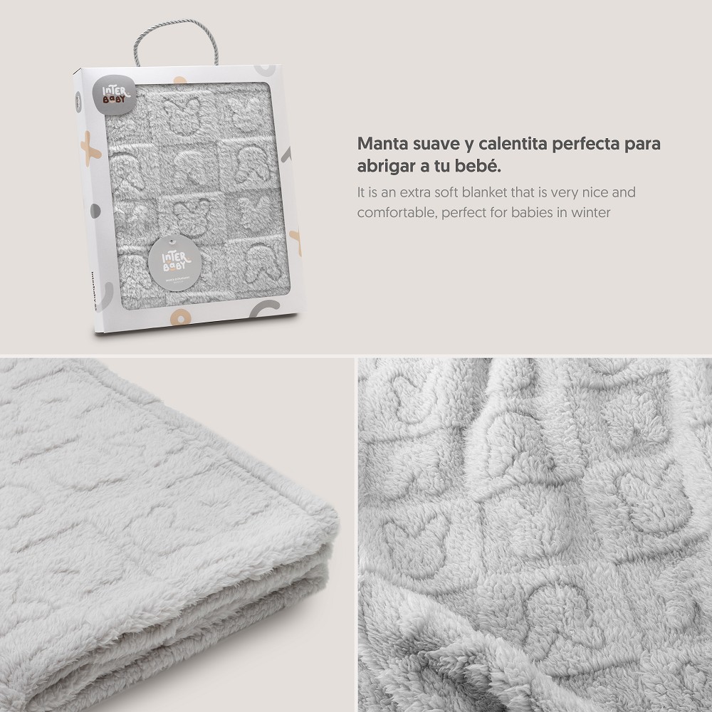 MANTA SHERPA GRABADA 80X110 CONEJITOS GRIS INTERBABY