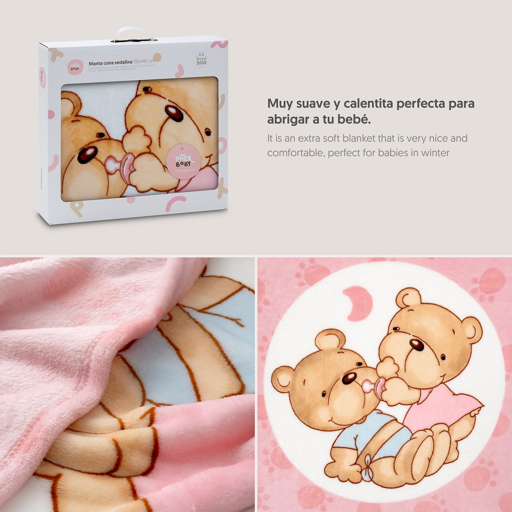 MANTA CUNA SEDALINA 110X140 PAREJITA OSOS ROSA INTERBABY