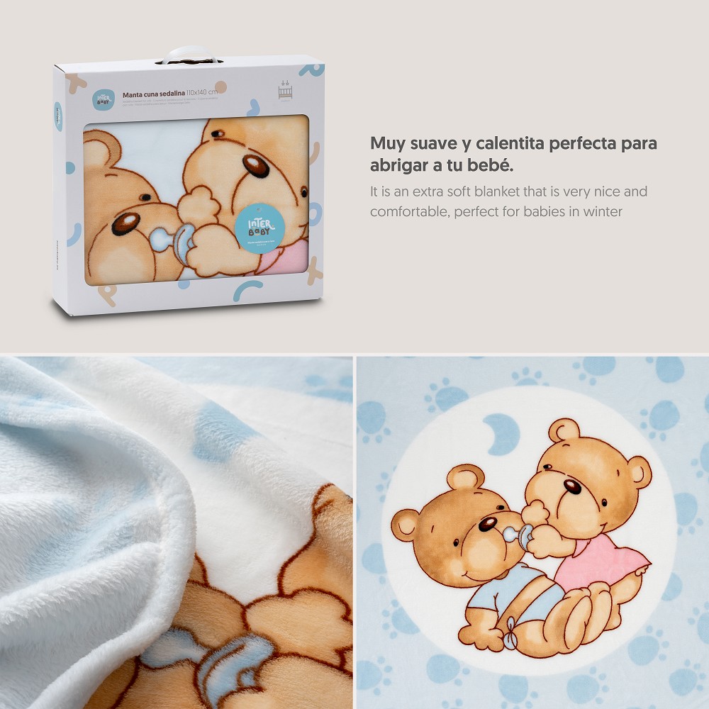 MANTA CUNA SEDALINA 110X140 PAREJITA OSOS AZUL INTERBABY