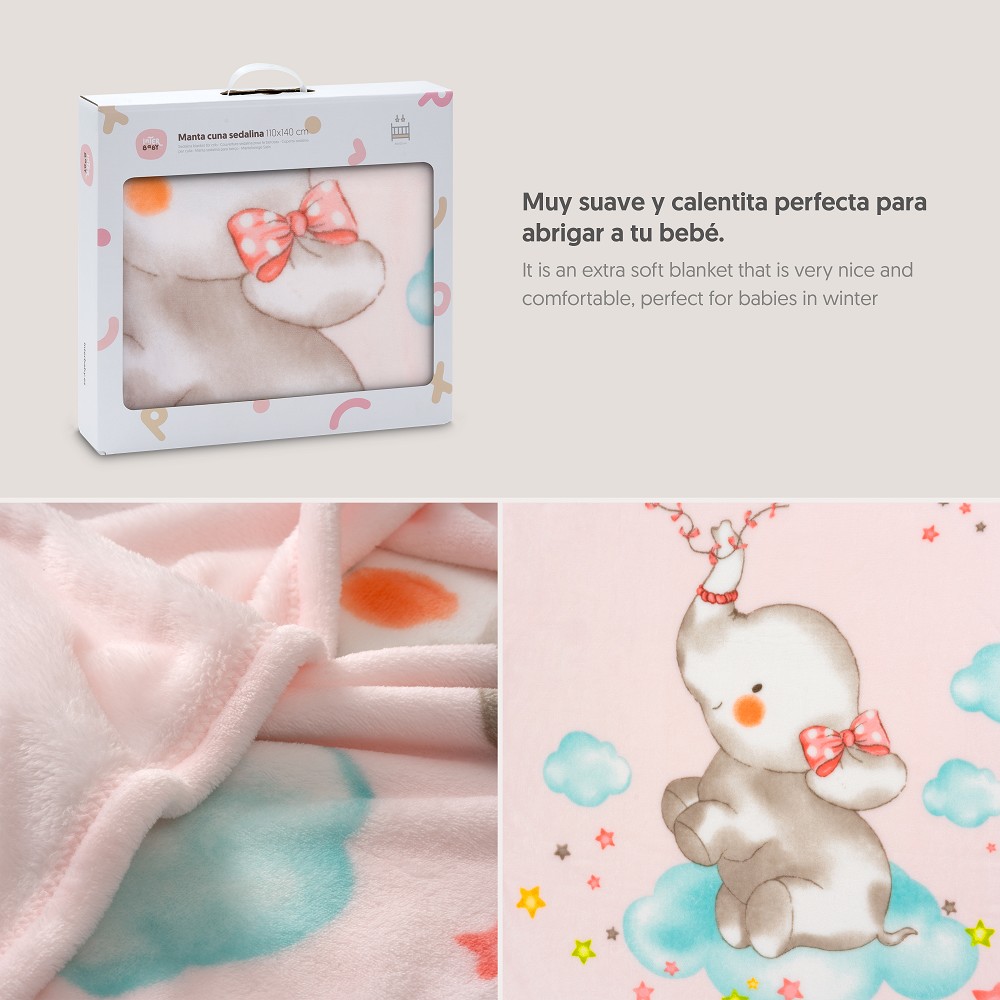 MANTA CUNA SEDALINA 110X140 ELEFANTE COMETA ROSA INTERBABY