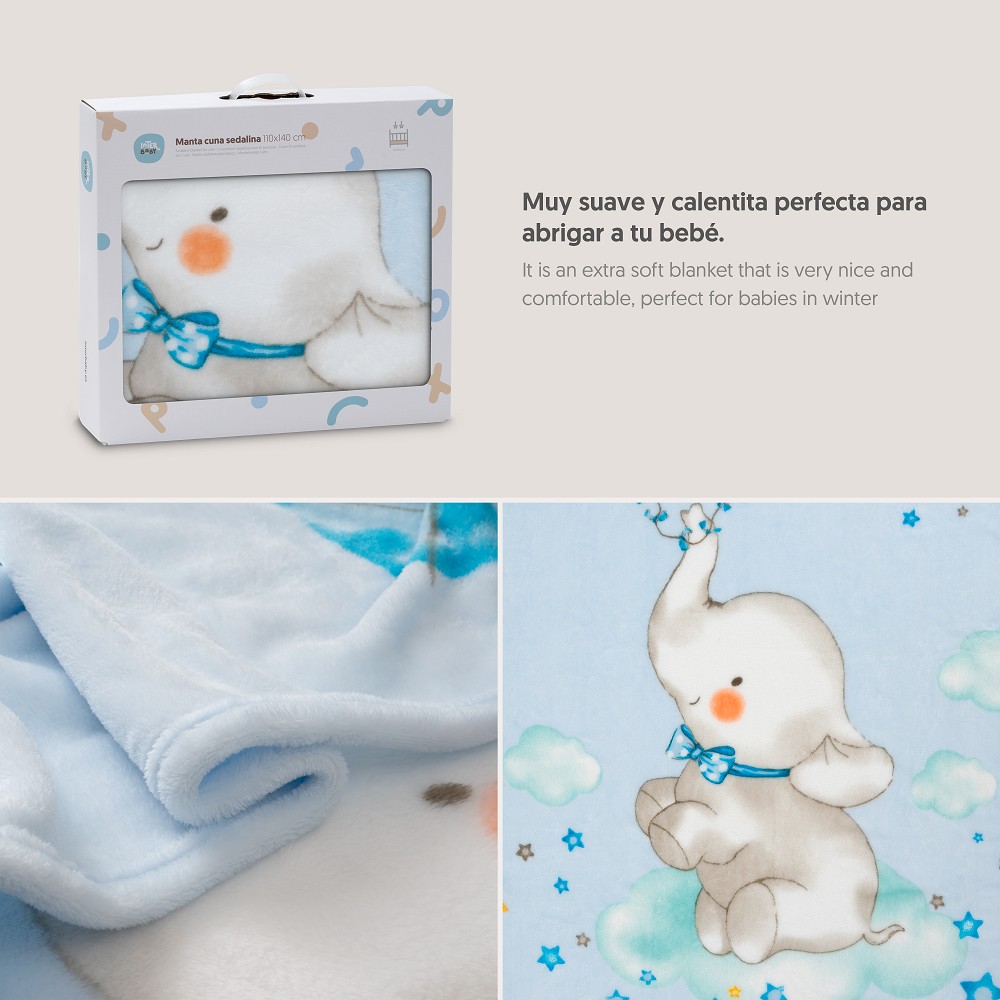 MANTA CUNA SEDALINA 110X140 ELEFANTE COMETA AZUL INTERBABY
