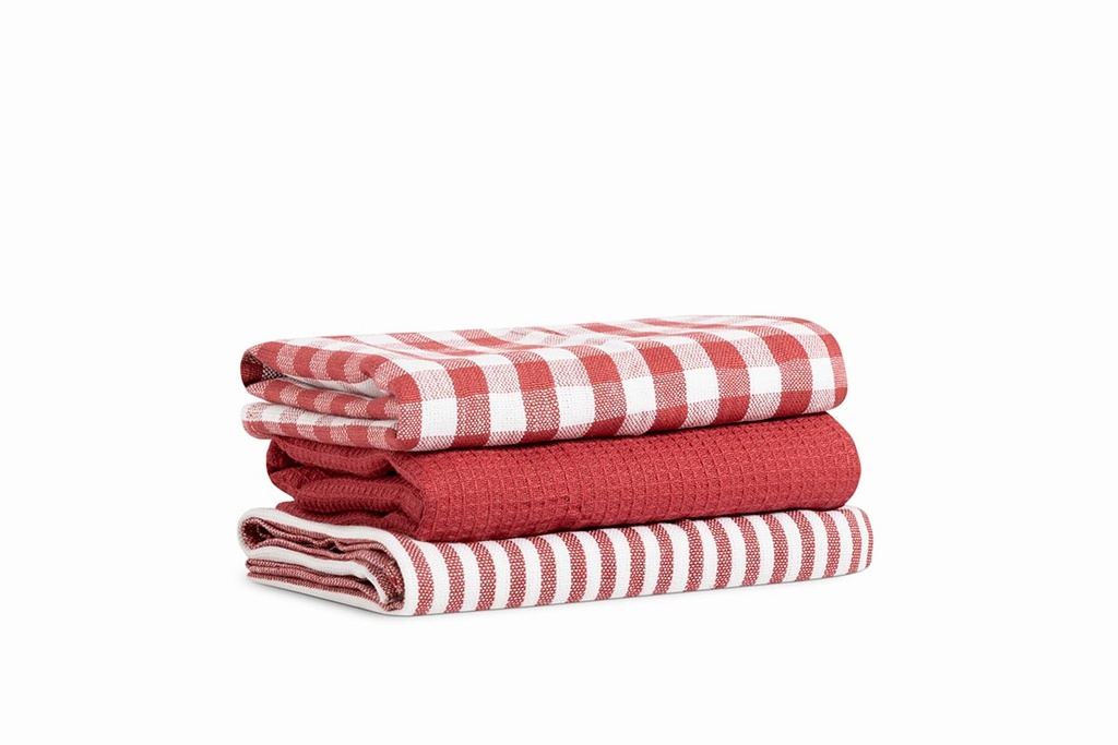 PACK 3 PAÑOS DE COCINA ALGODON 50X70 ROJO DESKARAO