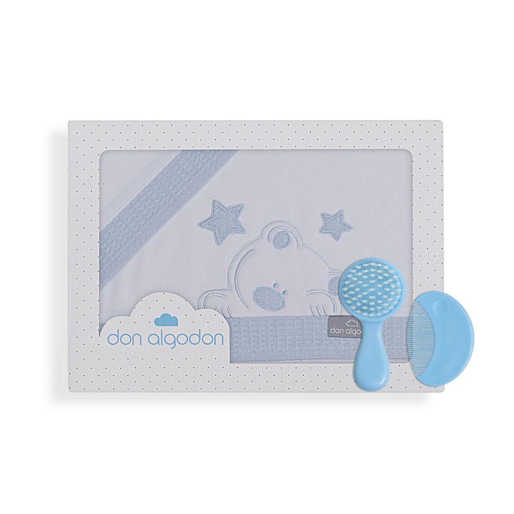 TRIPTICO CUNA TELA 100% ALG. VIGGO+PEINE Y CEPILLO BLANCO-AZUL DON ALGODON