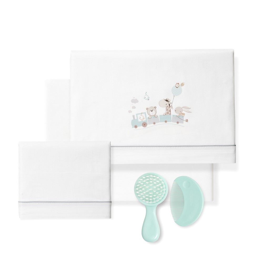 TRIPTICO CUNA 100% ALG. JIRAFA TREN+PEINE Y CEPILLO BLANCO-VERDE DON ALGODON