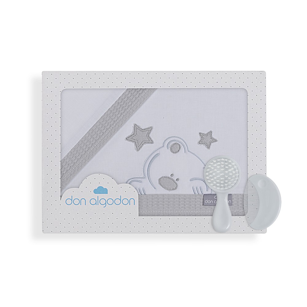 TRIPTICO CUNA TELA 100% ALG. VIGGO+PEINE Y CEPILLO BLANCO-GRIS DON ALGODON