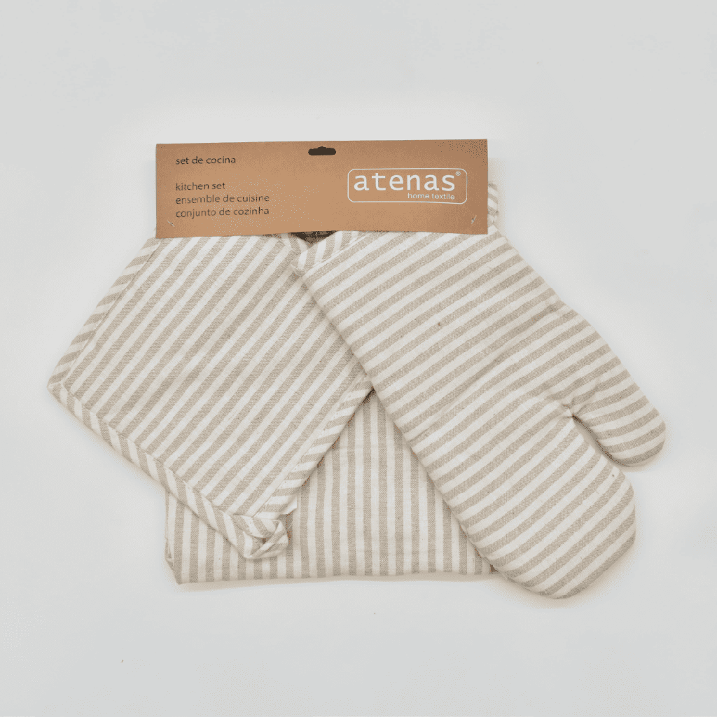 SET DELANTAL, MANOPLA Y AGARRADOR RAYAS BEIGE ATENAS