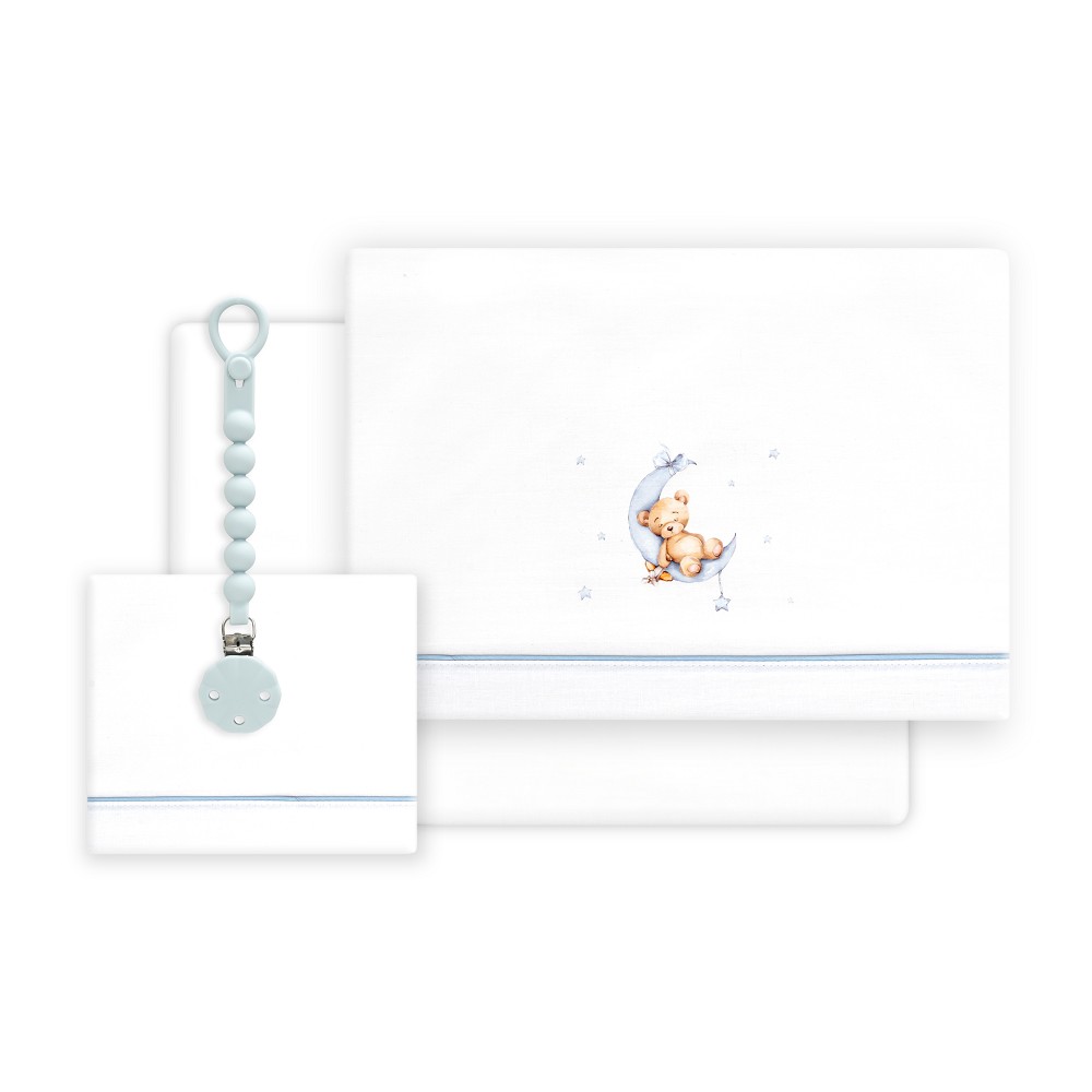 TRIPTICO CUNA ESTAMPADO OSO LUNA ESTRELLAS + CHUPETERO BLANCO-AZUL INTERBABY
