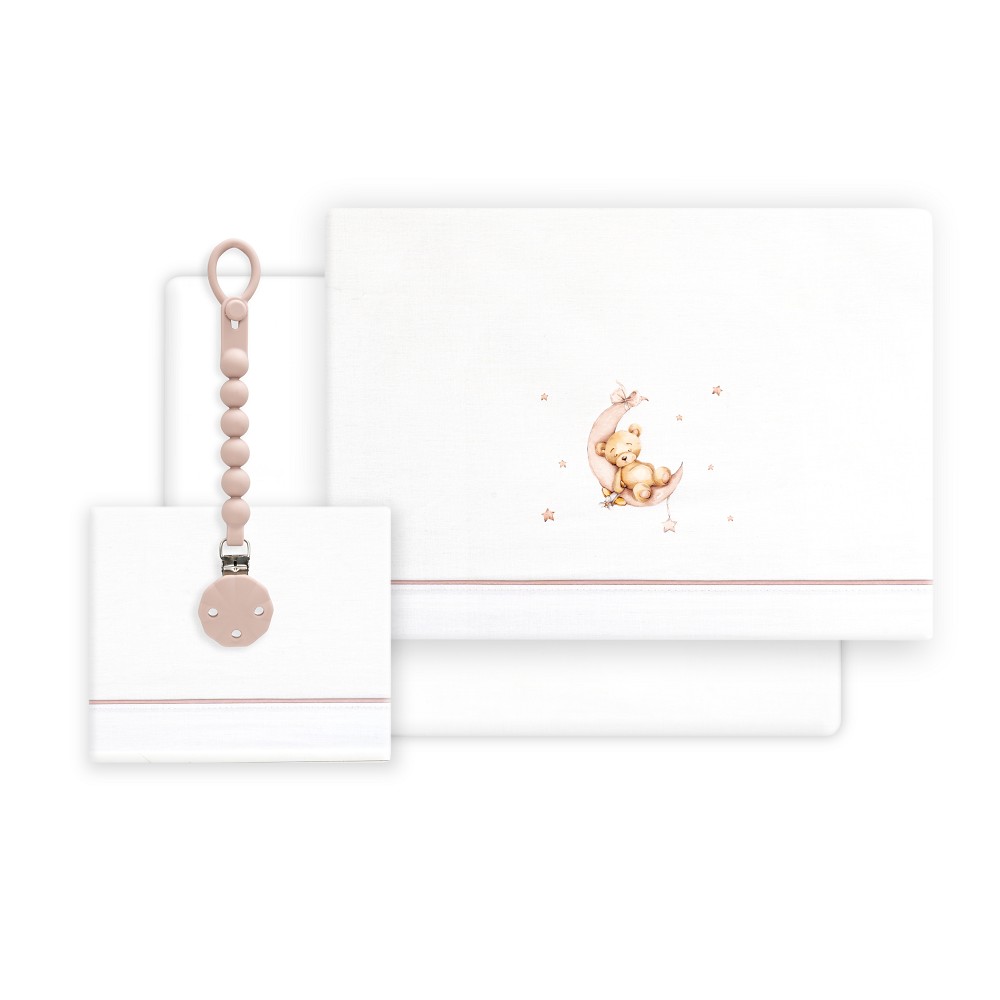 TRIPTICO CUNA ESTAMPADO OSO LUNA ESTRELLAS + CHUPETERO BLANCO-ROSA INTERBABY