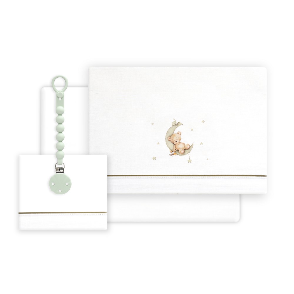 TRIPTICO CUNA ESTAMPADO OSO LUNA ESTRELLAS + CHUPETERO BLANCO-VERDE INTERBABY
