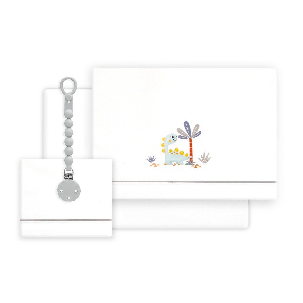 TRIPTICO CUNA ESTAMPADO DINOSAURIO PALMERA + CHUPETERO BLANCO-GRIS INTERBABY