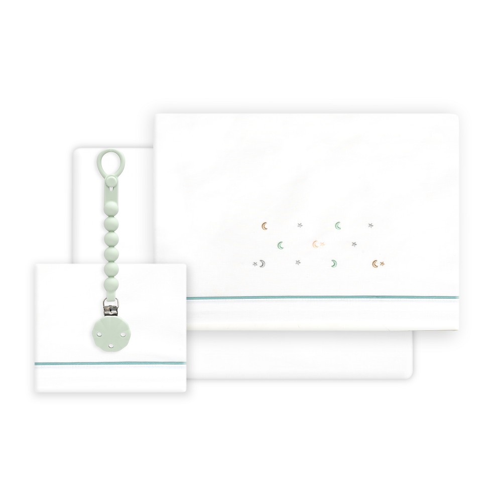 TRIPTICO CUNA ESTRELLA LUNA MULTICOLOR + CHUPETERO BLANCO-VERDE INTERBABY