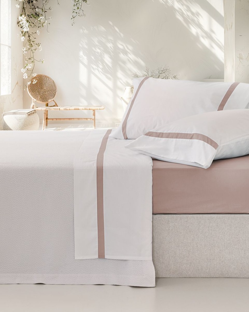 JUEGO SÁBANAS 100% ALGODÓN PERCAL PEINADO 200 HILOS BLANCO-ROSA VIDAL HOME
