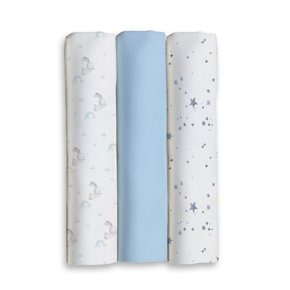 PACK 3 GASAS 80X80 CONEJITOS ESTRELLAS AZUL INTERBABY