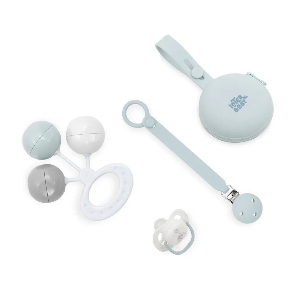 SET 4 PCS SILICONA CHUPETERO+PORTA+CHUPETE+SONAJERO SET58 AZUL INTERBABY