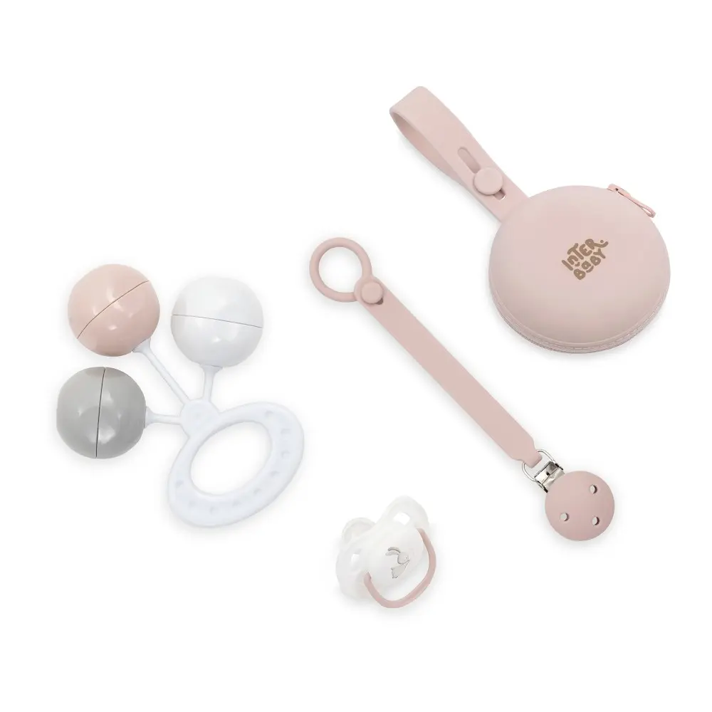SET 4 PCS SILICONA CHUPETERO+PORTA+CHUPETE+SONAJERO SET58 ROSA INTERBABY