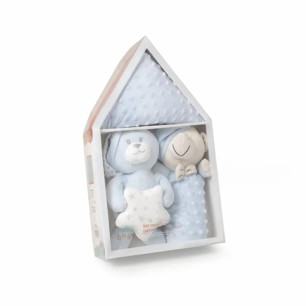 SET 3 PCS CASITA(PELUCHE+MANTA+DOU DOU) AZUL INTERBABY