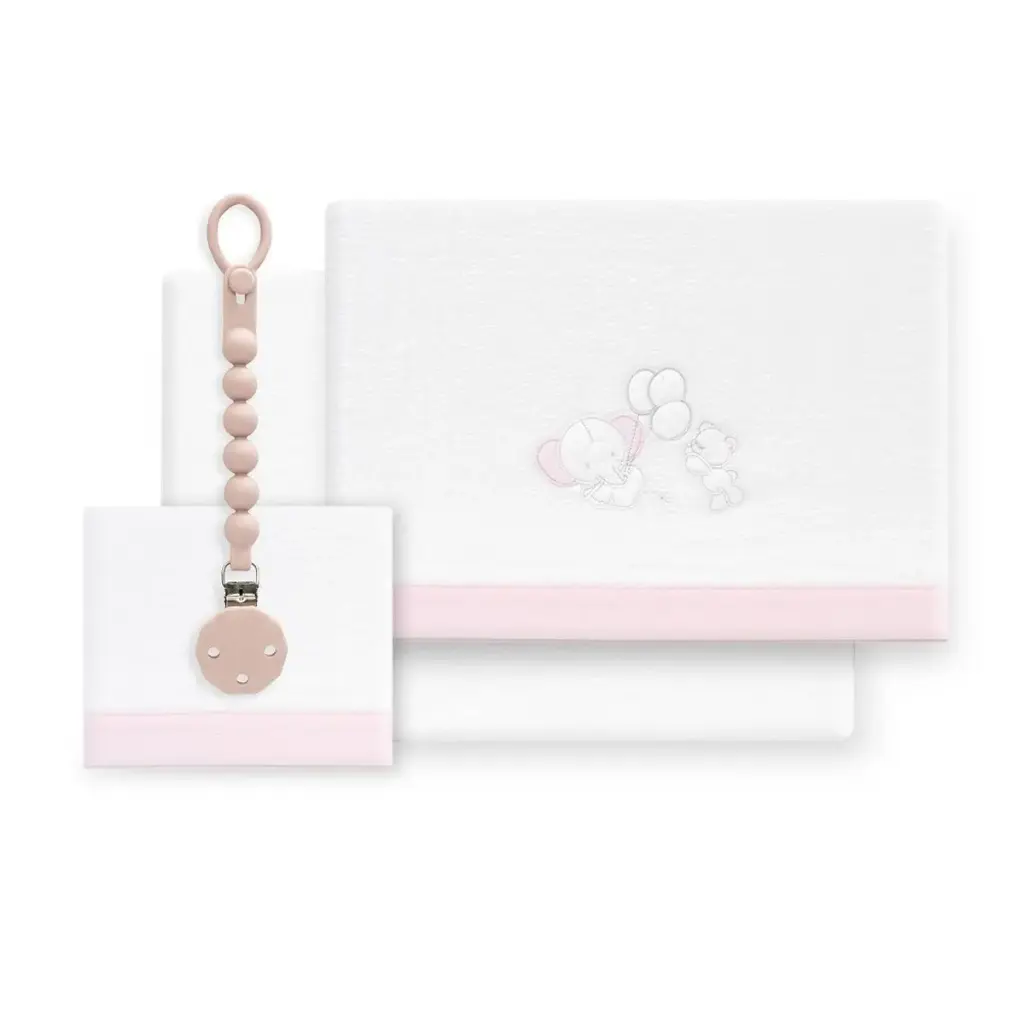 TRIPTICO CORALINA CUNA OSO ELEFANTE GLOBOS + BROCHE BCO/ROSA INTERBABY