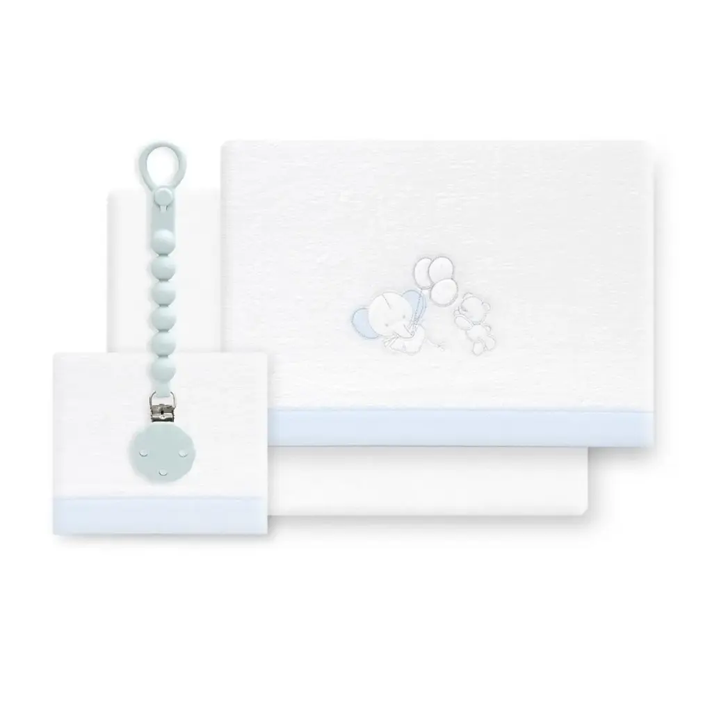 TRIPTICO CORALINA CUNA OSO ELEFANTE GLOBOS + BROCHE BCO/AZUL INTERBABY