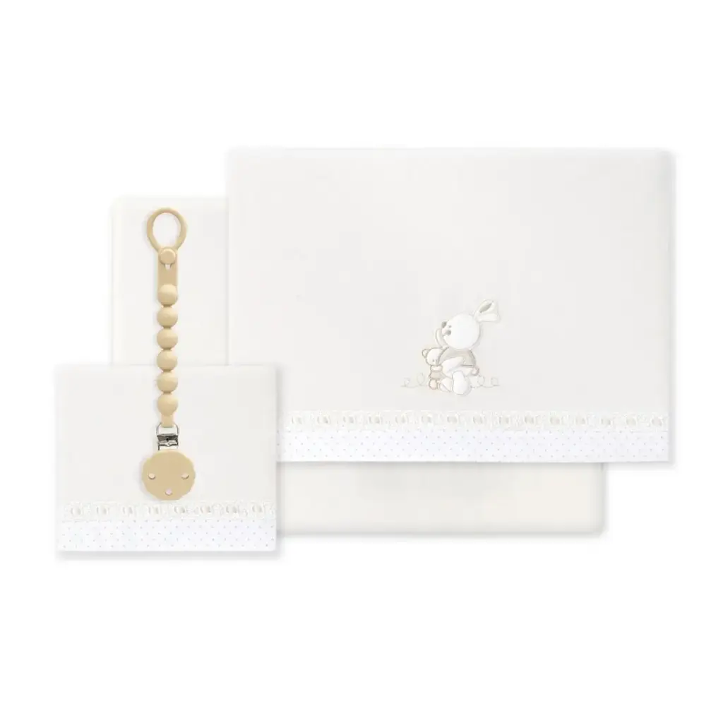 TRIPTICO CUNA TELA CONEJITOS ABRAZOS PASACINTAS + BROCHE BEIGE INTERBABY