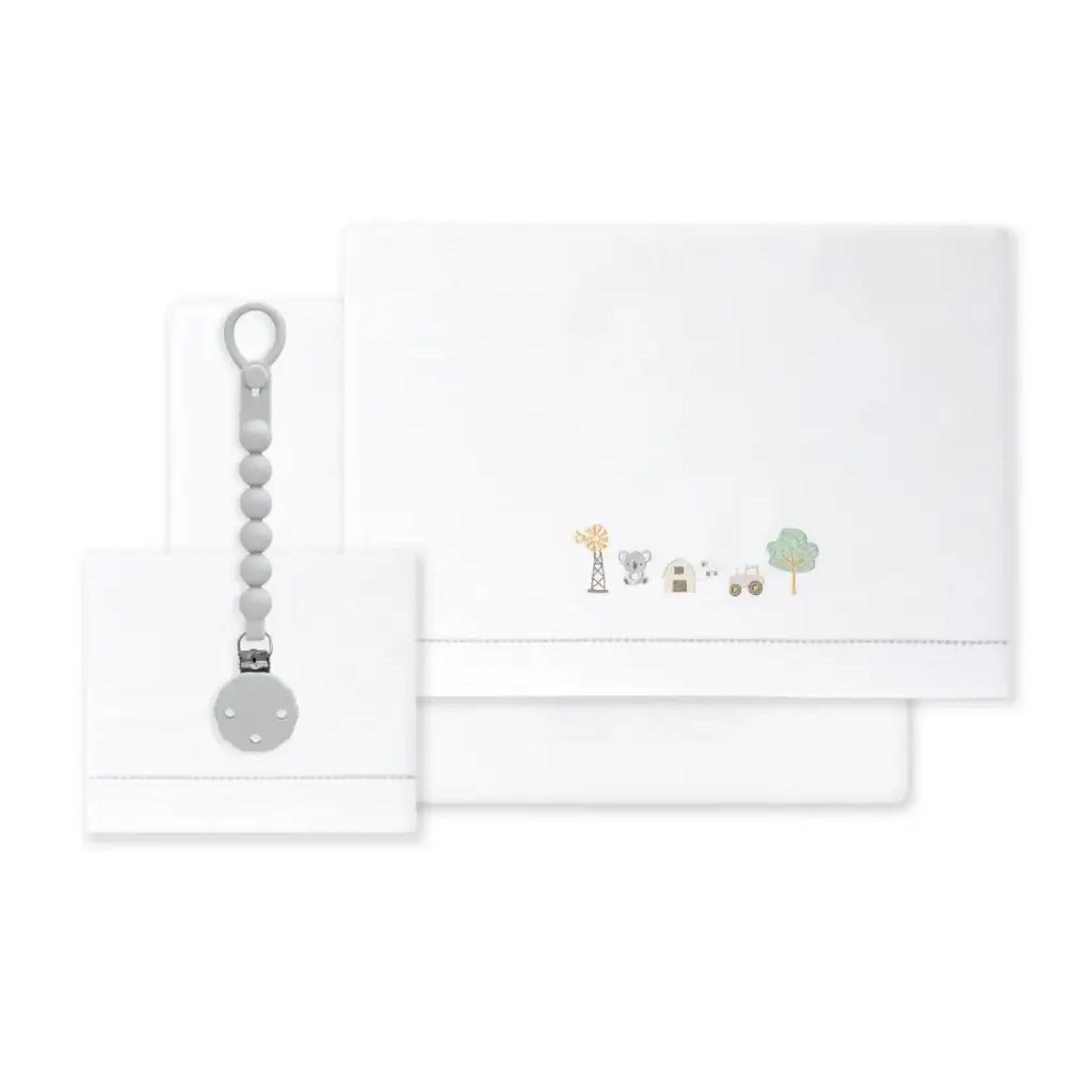 TRIPTICO CUNA TELA GRANJA KOALA BORDADO+ BROCHE BCO/GRIS INTERBABY