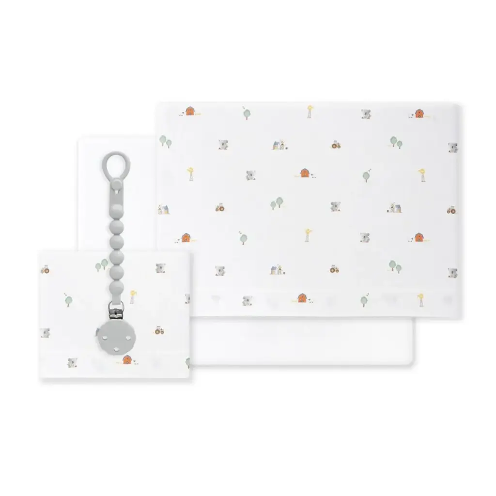 TRIPTICO CUNA TELA GRANJA KOALA BORDADO+ BROCHE BLANCO INTERBABY
