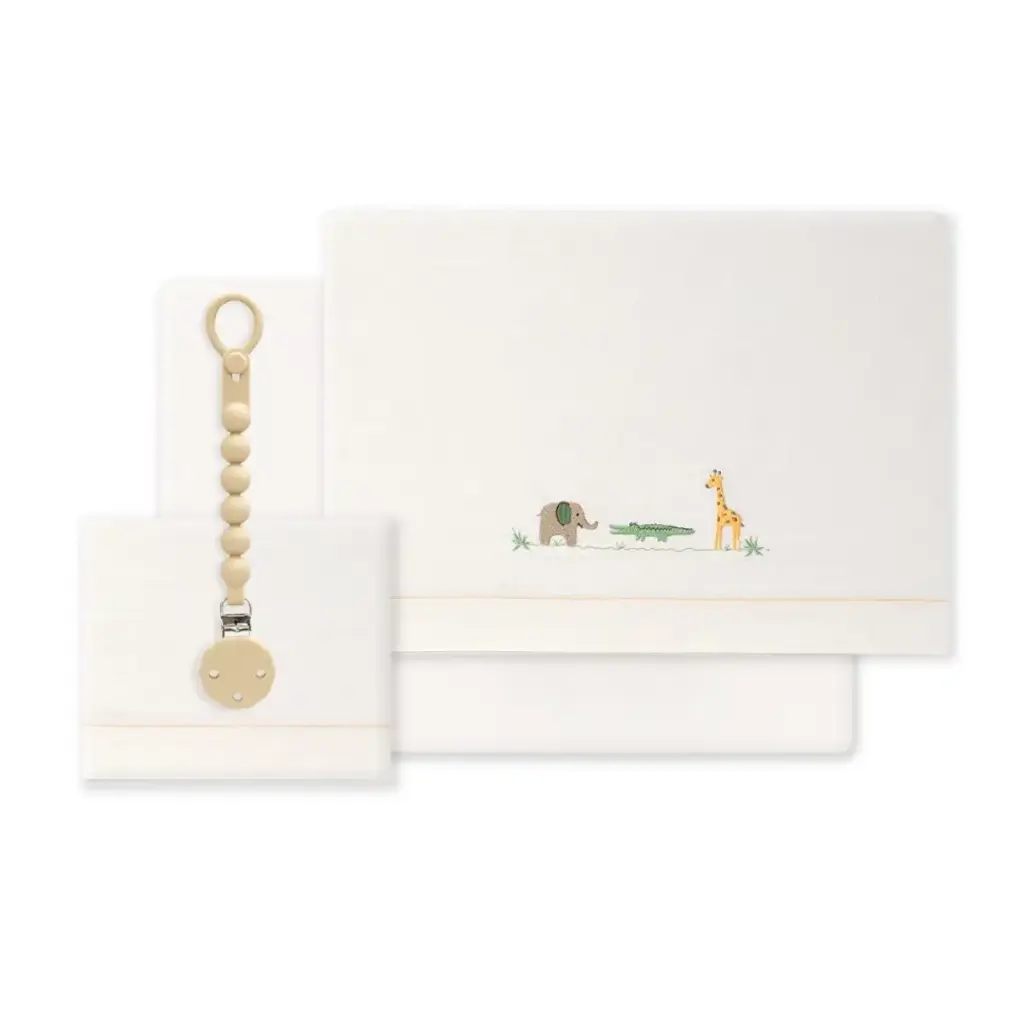 TRIPTICO CUNA TELA SAVANNA BORDADO + BROCHE BEIG INTERBABY