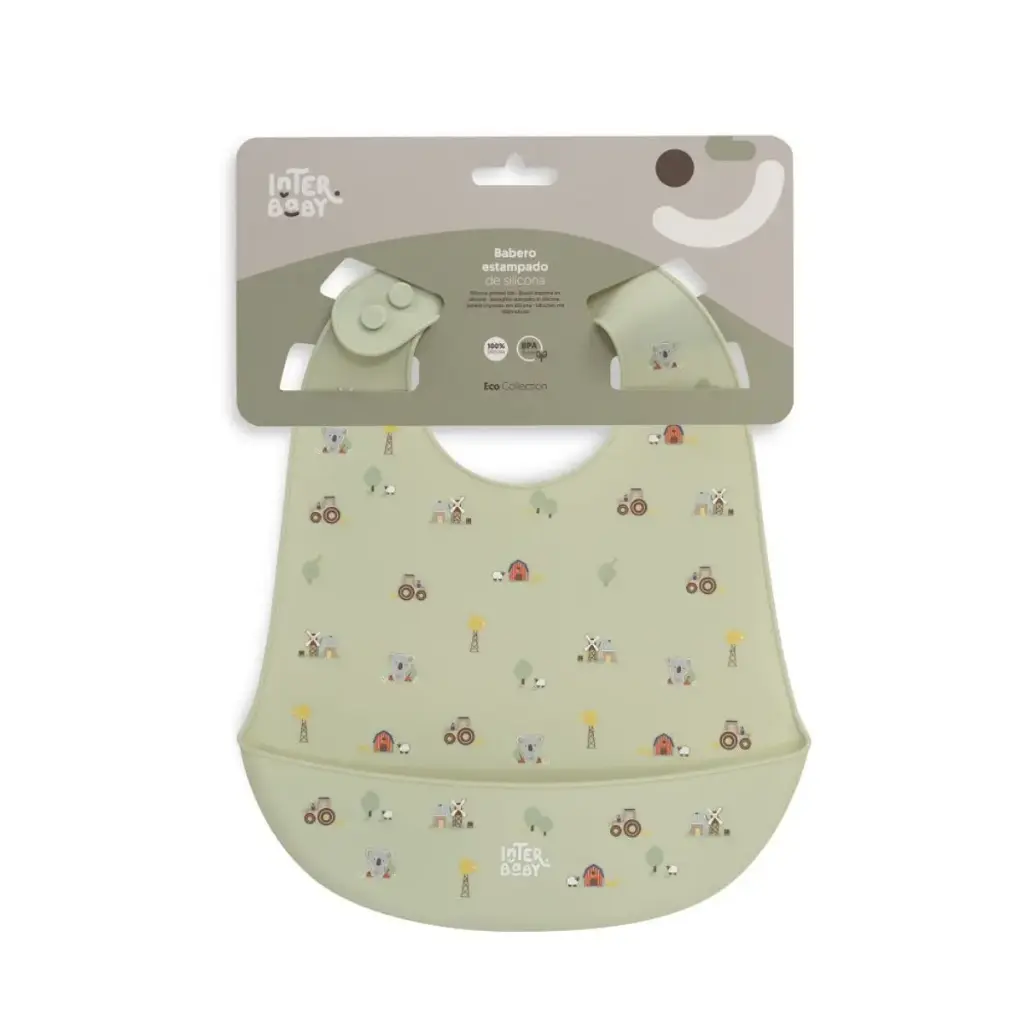 BABERO SILICONA ESTAMPADO MODELO GRANJA KOALA VERDE INTERBABY